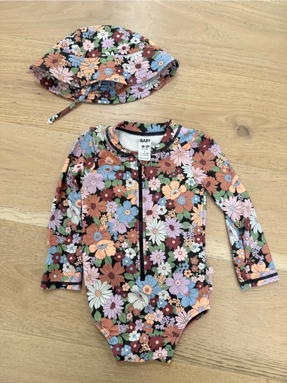 Floral Zip Front Baby Rash Guard with Matching Hat